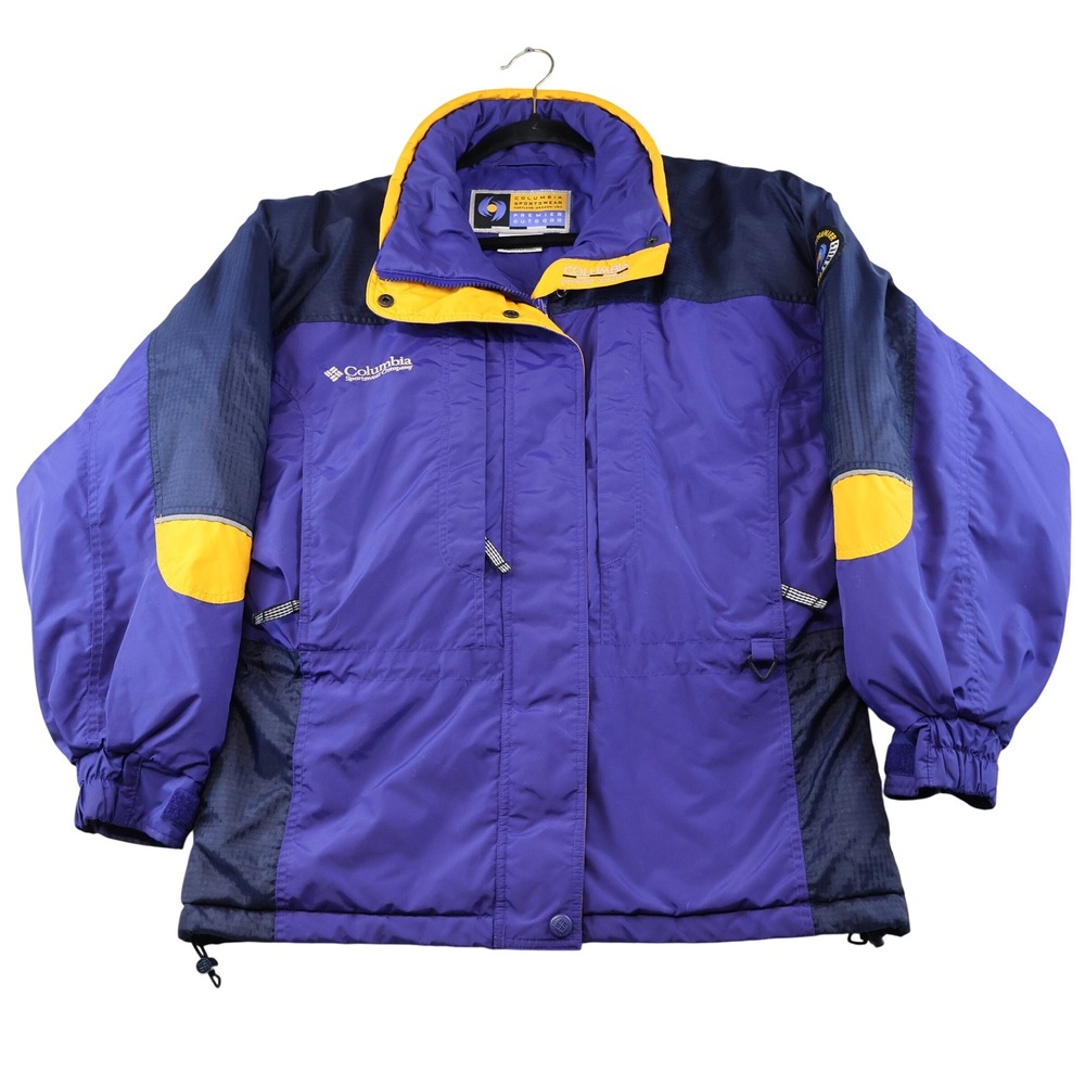 90s Columbia Mens M Puffer Jacket Purple Navy Yellow Premier Outdoor Colorblock